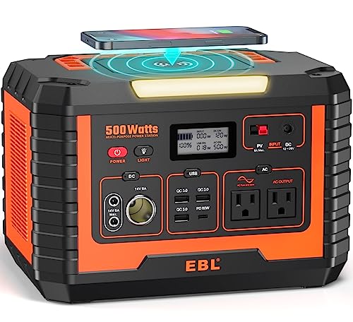 ポータブル電源 500W 140400mAh/519wh EBL 大容量 ポータブルバッテリー 純正弦波 MPPT制御方式採用 家庭用蓄電池 PSE認証済 ワイヤレス充電搭載 10台デバイス同時充電 PD60W急速充電USB-C/USB-