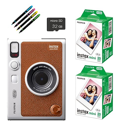 富士フイルム チェキ Evo ハイブリッドインスタントカメラ instax mini Evo ブラウン＆チェキフィルム40枚＆microSD32GB＆デコペン (ブラウン, 5点セット)