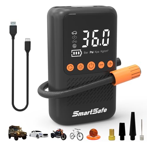 Smartsafe 電動空気入れ 150PSI 車 空気入れ 電動 4000mAh容量バッテリー 充電式 自転車 自動停止 仏式・米式各種バルブ対応 切り替えるノズル4個 LCDデジタル表示 LEDライト ライト付き SOSモード 電動空