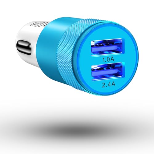 シガーソケット usb カーチャージャー 3.4A/17W(1A+2.4A) 車載充電器 USB-A ×2 車 充電器 シュガーソケット [全金属/軽量] iPhone 14/13/SE Android 対応 ブルー