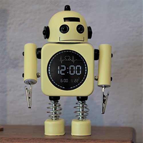 DEMI LOUS. 子供が喜ぶ 置き時計 目覚まし時計 ロボット時計 かわいい 温度計月 ユニーク デジタル 置時計 静音 お祝い プレセント メモクリップ付き 色選べる (マカロンイエロー)