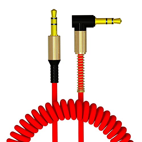 AXYO オーディオケーブル 3.5mm AUXケーブル 片側 L型 カールコード式 ステレオミニプラグ 約1m 長く伸びるカールケーブル ヘッドホン/iPhone/iPad/Android/スピーカー/車 等 対応 (1メートル, レッ