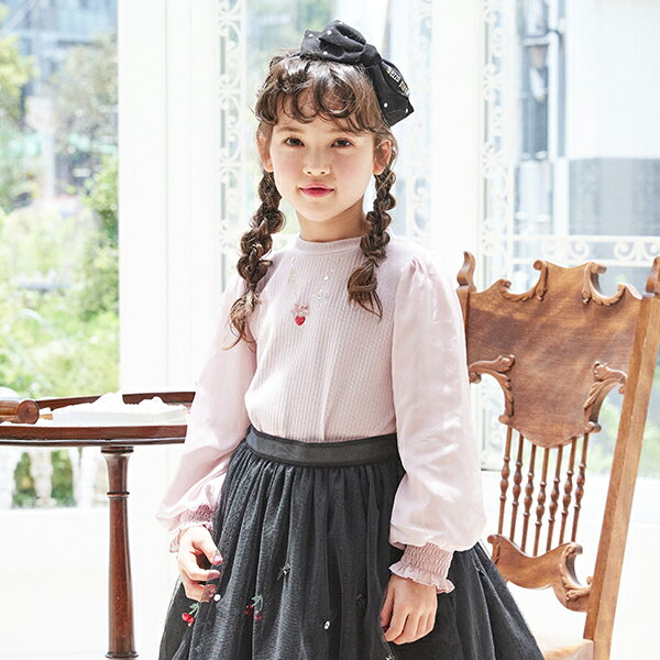 メゾピアノ(mezzo piano)ネックレス刺しゅう　シフォン袖プチハイネックTシャツのサムネイル