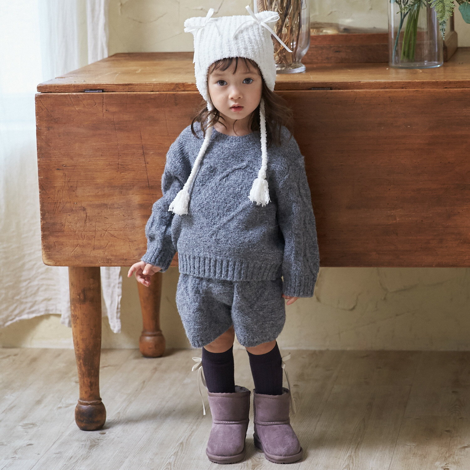 プティマイン(petit main)【リンク】ハートケーブルニットショートパンツ(セットアップ可能)のサムネイル