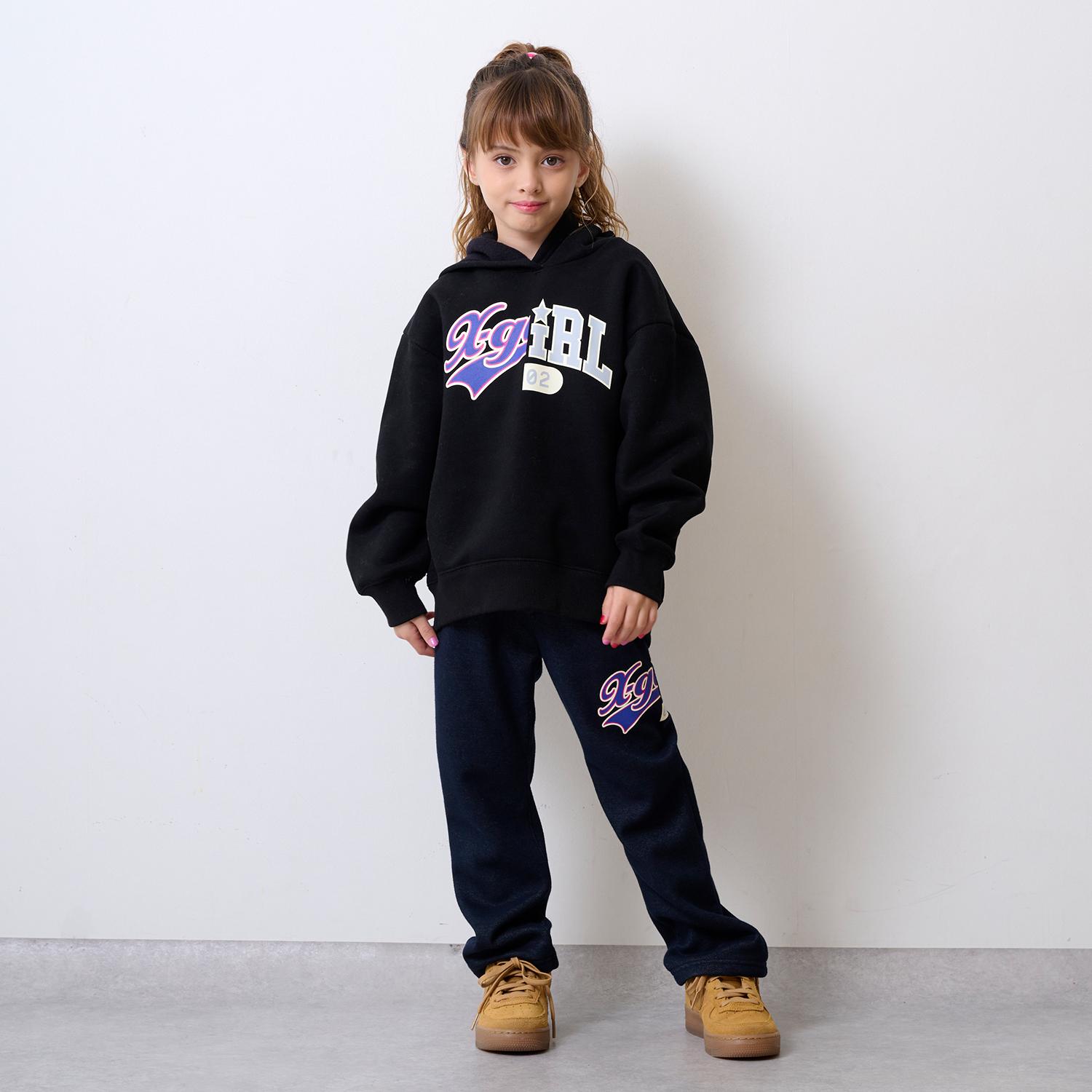 エックスガール　ステージス(X-girl Stages)ロゴ裏起毛パーカー+裏起毛カットデニムパンツセット