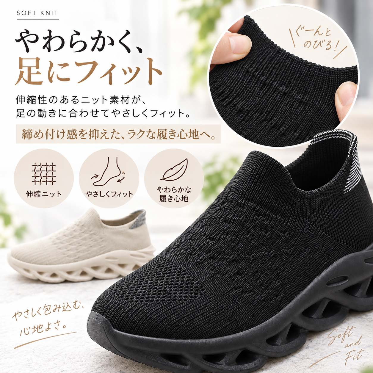 スニーカー レディース スリッポン ニット 厚底 履きやすい 脱ぎ履き簡単 立ち仕事 通勤 仕事用 ウォーキング 歩きやすい 通気性 ブラック ベージュ 35-42 naruru-10000759 ジュンダジャパン サンプル画像3