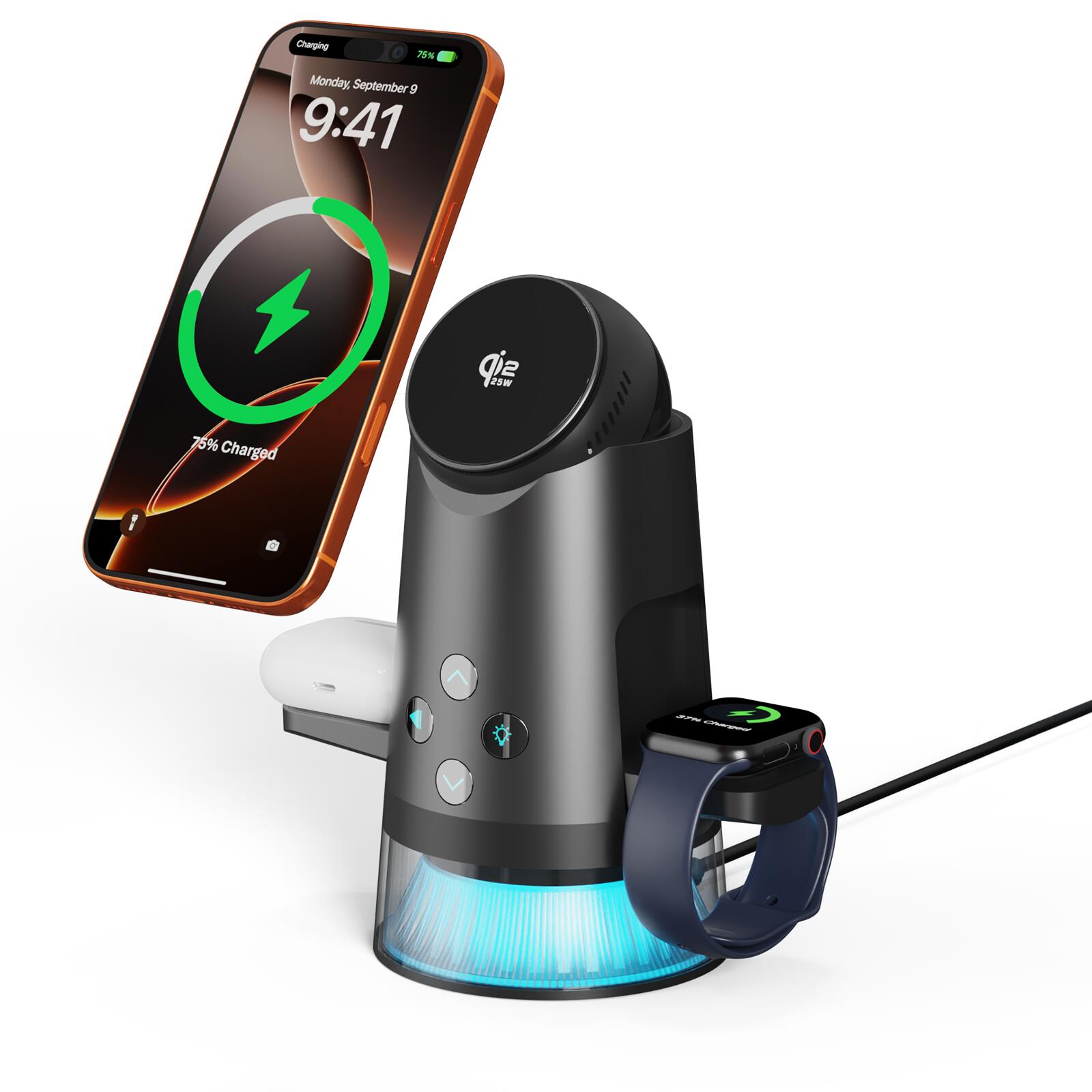 【3in1 マグネット式ワイヤレス充電器】MagSafe対応iPhoneを中心に設計され、スマートフォン＆ワイヤレスイヤホン＆スマートウォッチをこれ1台で同時充電できる3in1マグネット式ワイヤレス充電器です。強力マグネットによる安定した吸着で、置くだけでスムーズにワイヤレス充電を開始。ケーブル不要でデスク周りをすっきり整え、日常の充電動線をよりシンプルにします。また、Qi対応のSamsung／Google製スマートフォンでも充電可能ですが、機種により充電速度が異なり、MagSafe対応端末と比べて緩やかに感じられる場合があります。 【25W高速充電・45W高出力アダプター付属】25Wの高出力ワイヤレス充電に対応し、日常使いから忙しい朝までスピーディーに充電可能。本製品には45W高出力アダプターを付属しており、別途電源を用意する必要がなく、購入後すぐに本来の性能を最大限発揮します。Type-C接続＆QC／PD規格対応で安定した給電を実現し、本体とデバイスがしっかり密着することで、ワイヤレスでもロスを抑えた効率的な充電が可能。過度な発熱を防ぎながら、快適な充電体験を提供します。 【赤外線センサー操作・電動回転＆昇降角度調整】本製品は赤外線センサーによる非接触操作を搭載。手をかざすだけでスマートフォン充電エリアが自動で90°回転し、直感的で未来感のある操作性を実現しました。さらに電動昇降構造により、0°～60°まで細かく角度調整が可能。動画視聴·ビデオ通話·作業中の通知確認など、シーンに合わせて最適な角度をキープできます。すべてモーター制御のため、安定性と耐久性にも配慮。「置いて眺めるだけ」の充電スタンドから一歩先へ。 【最先端Qi2.2認証取得・FOD異物検知＆多重保護】最新のQi2.2ワイヤレス充電規格に準拠し、給電の安定性と安全性を両立した設計。Qi2.2は充電時の出力制御や通信精度が向上しており、デバイスの状態に応じて適切に電力を調整することで、ワイヤレス充電特有のムラや過度な発熱を抑えます。また、金属や異物を検知すると自動で給電を停止するFOD異物検知機能を搭載し、誤置による発熱やトラブルを未然に防止。さらに、温度保護·過電圧保護·過電流保護·短絡保護など多重セーフティ機構を内蔵し、長時間の使用でも安心してお使いいただけます。大切なデバイスを日常的に預けられる、信頼性を重視したワイヤレス充電器です。 【多彩な記憶式雰囲気ライト・やさしい光でナイトライトにも】アイスブルー／ラベンダー／ホワイト／アンバーの4色アンビエントライトを搭載。呼吸モードと常灯モードを切り替えることで、空間や気分に合わせたやさしい演出が可能です。光は目に刺激を与えにくく、ベッドサイドやデスク周りではナイトライトとしても心地よく使用可能。就寝前や夜間のちょっとした確認用としても活躍します。さらに明るさ記憶機能を備え、電源を切っても前回の設定を保持。充電中は自動で最適なライティングに切り替わり、視認性と雰囲気を両立します。素材にはABS＋強化ガラスを採用し、インテリアにもなじむ上質な質感に仕上げています。 【対応機種一覧】Qi2.2 25W：iPhone 17 Pro Max／17 Pro／17／16 Pro Max／16 Plus（iOS 26以降を搭載したデバイス）。Qi2.2 20W：iPhone Air／16 Pro／16。Qi2 15W：iPhone 15～12シリーズ。また、Qi規格のワイヤレス充電に対応したイヤホンおよびスマートウォッチであれば、ブランドや機種を問わず使用可能です。※機種や仕様により、充電位置や充電速度が異なる場合があります。
