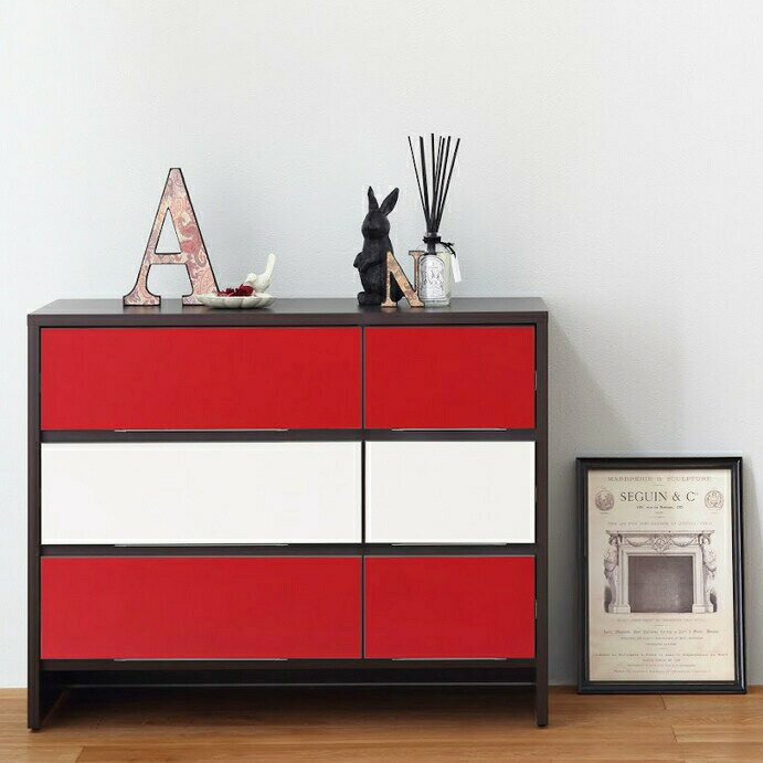 【日本製・完成品】リビング家具 リビング収納 幅90cm チェスト 2トーンライン Bタイプ レッド 自社工場生産 収納家具 収納ラック 収納 木製 おしゃれ 北欧(3)