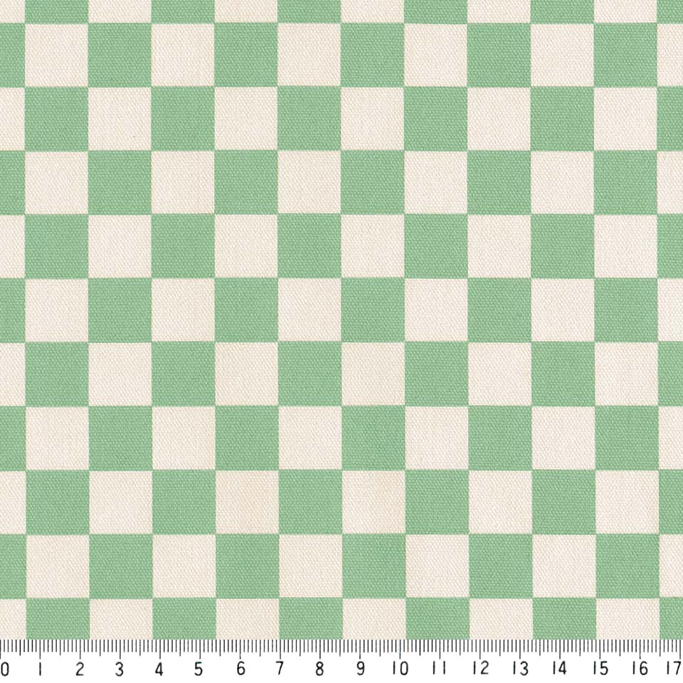 1.6cm 市松模様 7945-40 グリーン 可愛いチェッカーフラッグ柄 緑 グリーン 10cm単位 やや厚手 生成りオックス 生地 布 松尾捺染 綿100％ 110cm 布　入園入学 テーブルクロス エプロン バッグ クッション ランチョンマット 商用利用可 生地
