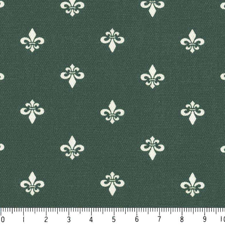 フルール・ド・リス ネガ 7648-75 ダークグリーン アイリス（Iris) 百合の花 紋章柄 夜柄 緑 グリーン 10cm単位 やや厚手 生成りオック..