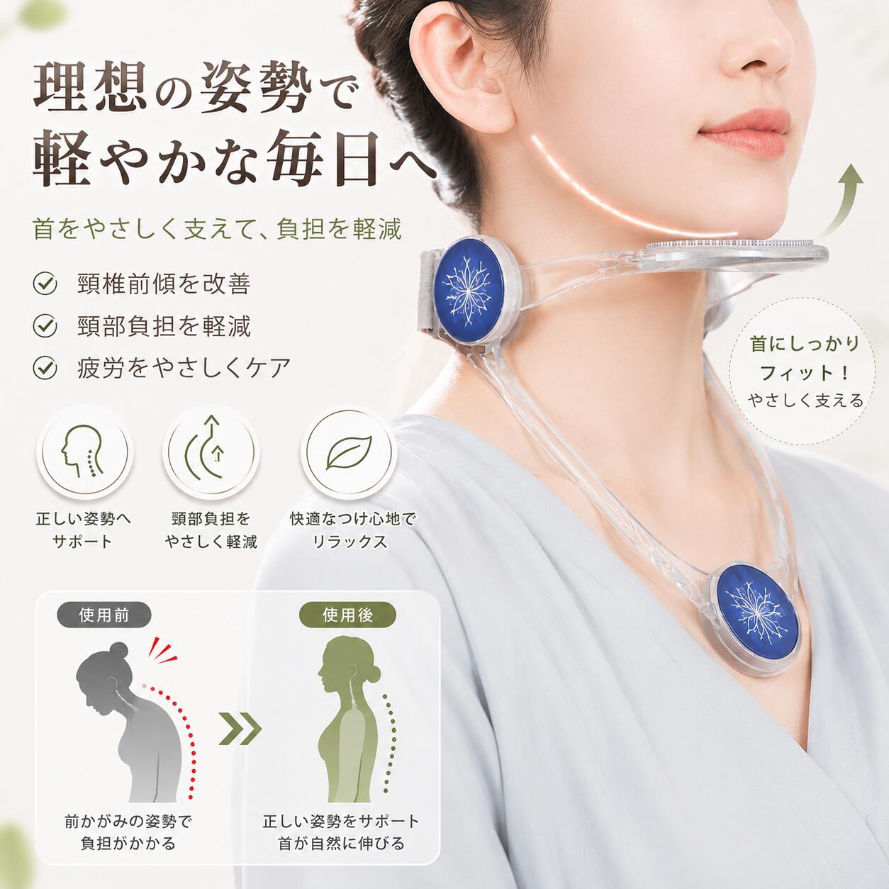 スマホやパソコンを長時間使用する方におすすめのネックサポーターです。 あご・首・胸元の3点でやさしく支え、前かがみになりやすい姿勢をサポートします。 デスクワーク、読書、勉強、ゲーム、テレビ鑑賞、リラックスタイムなど、幅広いシーンでお使いいただけます。 【商品の特徴】 ■ 多段階の角度調節 使用シーンや体型に合わせて、サポート部分の角度を細かく調節できます。 自然な姿勢を保ちやすく、お好みの位置に合わせて使用できます。 ■ 首をやさしく支える設計 あごを持ち上げるように支え、首が前に傾きすぎるのを防ぎます。 後頭部と胸元でも安定させることで、首や肩にかかる負担を分散します。 ■ やわらかなシリコンパッド 肌に触れる部分には、やわらかなシリコン素材を採用しています。 細かな突起がやさしくフィットし、長時間でも快適な装着感をサポートします。 ■ 通気性のよい面ファスナーベルト 軽くて通気性に優れたベルトを使用しています。 しっかり固定しながらも蒸れにくく、日常使いに便利です。 ■ 軽量・折りたたみ式 コンパクトに折りたためるため、収納や持ち運びも簡単です。 ご自宅だけでなく、職場や旅行先などでもご使用いただけます。 【こんな方におすすめ】 ・スマホを見る時間が長い方 ・パソコン作業やデスクワークが多い方 ・読書や勉強を長時間する方 ・ゲームや動画視聴を楽しむ方 ・前かがみの姿勢が気になる方 ・首や肩への負担が気になる方 【使用シーン】 デスクワーク／テレワーク／スマホ操作／読書／勉強／ゲーム／テレビ鑑賞／移動中／リラックスタイム 【商品仕様】 カラー：ブルー／ピンク／クリア サイズ：フリーサイズ 対象：男女兼用 仕様：角度調節可能・折りたたみ式 【ご使用上の注意】 ※本製品は、日常生活における姿勢維持をサポートするための商品です。 ※医療機器ではありません。疾病の治療、予防、診断を目的とした商品ではありません。 ※使用感やフィット感には個人差があります。 ※使用中に痛みや違和感を感じた場合は、すぐに使用を中止してください。 ※商品の色味は、モニター環境や撮影条件により実物と異なって見える場合があります。