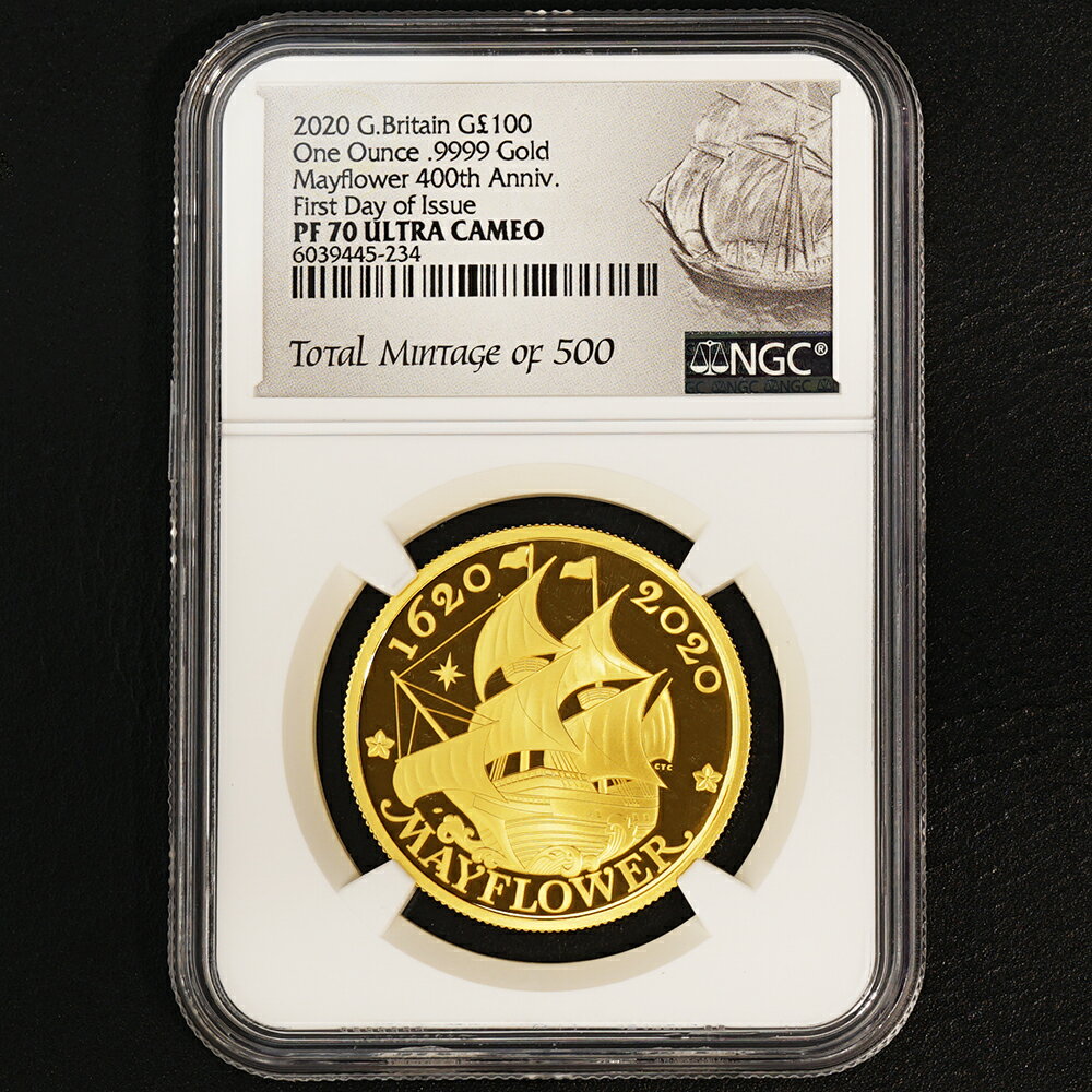 国籍イギリス年号 2020年材質金品位999.9額目100ポンド重量約 31.21gグレードNGC PF70ULTRA CAMEO（NGC鑑定；完全未使用プルーフ　鏡面極上カメオ状態） ※初日発行限定版発行枚数500枚 内NGC鑑定枚数 PF70UC 322枚注意事項こちらの商品は実店舗でも販売しております関係上、ご購入のタイミングによっては品切れが発生する場合もございます。 大変恐れ入りますが、その場合はキャンセル対応をさせていただきますこと、予めご了承ください。【純金999.9】最高鑑定 2020年 イギリス メイフラワー号 400周年アニバーサリー 金貨 NGC PF70UCAM2020年、ロイヤルミントから発行され、瞬く間に世界中の注目を集めた「メイフラワー号上陸400周年記念」コイン。 純金999.9(フォーナイン)で鋳造された、この稀少性と価値は、発行枚数わずか500枚のFirst day of Issue（初日限定版）によって、さらに高まります。 最高鑑定になると世界に322枚となり、このコインの特別な存在感を際立たせています。 1620年、清教徒ピルグリム・ファーザーズがイングランド南西部プリマスから出航し、新天地アメリカへと旅立った歴史的瞬間。 彼らの勇敢な旅と自由を求める精神は、メイフラワー号を通じて永遠に語り継がれます。この船は、「自由の象徴」として、アメリカ的自由主義の精神を世界に示しました。 そして、その歴史的瞬間から400年を迎えた2020年、ロイヤルミントが誇りを持って発行したのがこのメイフラワー号400周年記念コインです。 発行と同時に、世界中のコレクターと投資家の手に渡り、瞬く間に完売しました。 この伝説的な航海と時代の流れを、あなたの手に留めるチャンスです。 相対的にお金の価値が下がり、現物資産で、安全資産であるアンティークコイン/モダンコインの価値は、日増しに上がっています。良質なコインは、含み資産として、表に出ることなく、純資産としての価値を増大させていきます。 イギリス関連のコインは、世界でも需要が多く、その希少価値は、数兆円と言われる世界のアンティークコイン市場が示しています。モダンコインコレクションの最初の一枚として、または価値あるコレクションの一部として、この至高の一枚を是非、お手元にお納めください。 ※PFとは、Proofプルーフ略です。研磨した平金を専用の極印を用いて製造したコインです。 一般的にはレリーフは高度の霜降状の艶消し、フィールドは鏡面状の仕上げです。 とても美しいお品ですので、コイン専用金庫にて大切に保管し、触れる場合も、白手袋を着用し、丁寧な取扱いを心がけています。 【鑑定番号】6039445-234 ※第三者鑑定機関 NGC社にて鑑定済みです。贋作の心配はありません。NGC公式サイトにて、上記鑑定番号を入力すると、詳細情報が確認できます。