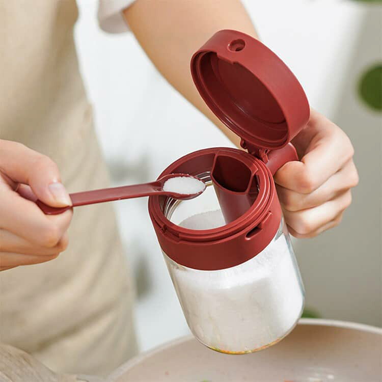 NATIVES SHOPの調味料入れ 2WAY 耐熱ガラス 保存容器 【2個セット】 スパイスボトル 砂糖 スプーン付き 密閉 【2個セット】 塩 キッチン収納 大容量 調味料容器 湿気防止 小分け 調味料ケース クリーム ワインレッド グレー｜アングル3