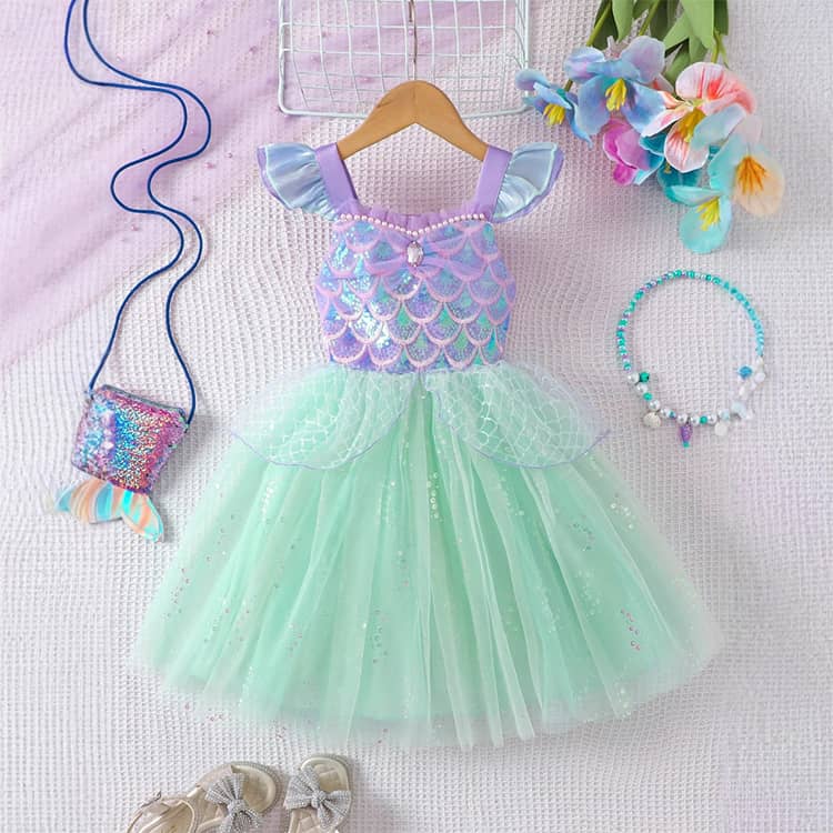 コスチューム プリンセスドレス フリル袖 プリンセス 女の子 ワンピース プリンセス スパンコール キラキラ 可愛い 人魚姫 マーメイド チュール ピアノ発表会 演奏会 七五三 イベント — vista 2