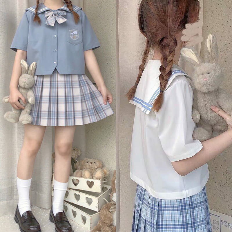 レディース セーラー服 半袖 上着＋リボン+スカート 上下セット 女子制服 JK制服 コスプレ 可愛い レディース 衣装 学園祭 コスチューム衣装 ブルー ホワイト送料無料