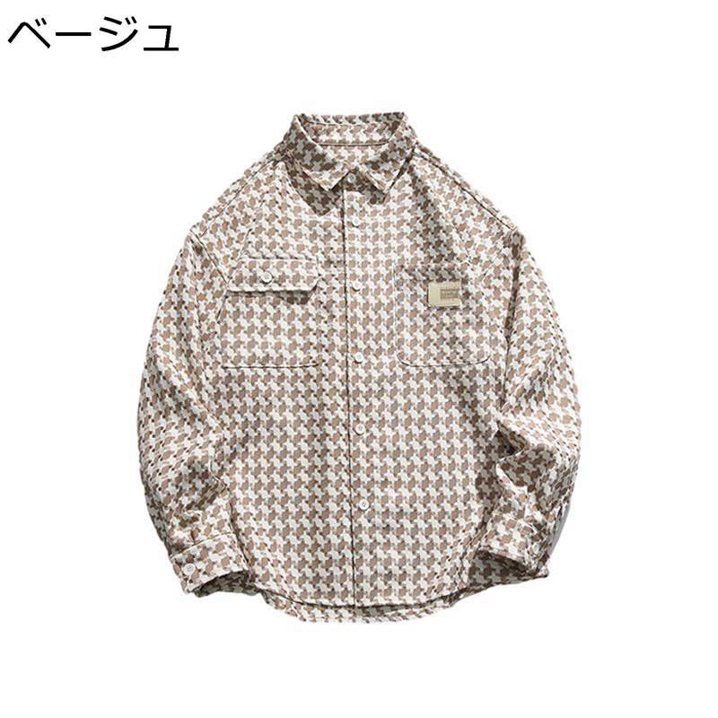 シャツジャケット メンズ アメカジ 格子 チェック シャツ ジャケット 胸ポケット付き 短め 長袖 折り襟 ボタン サイドポケット もっちり 韓国風 潮流 男性用 日常着用 普段用 春服 夏服 秋服