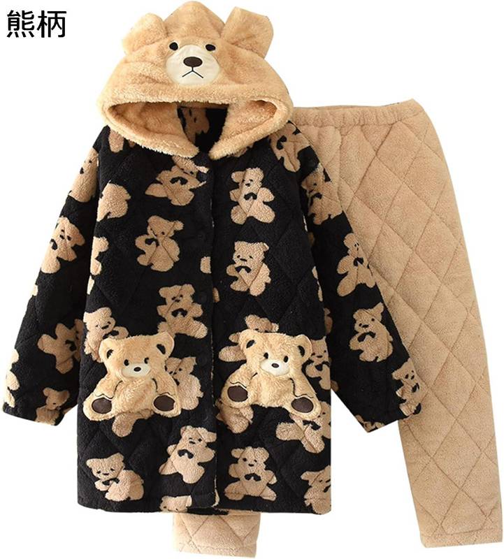 冬 レディース パジャマ 中綿 ルームウェア フランネル 3層 厚手 もこもこ 可愛い クマ 熊ちゃん 前開き フード付き 長袖 ボトムス 上下セット カジュアル 2点セット 家着 寝間着 ナイトウェア 防寒 暖か 大きめ 便利服 お出掛け