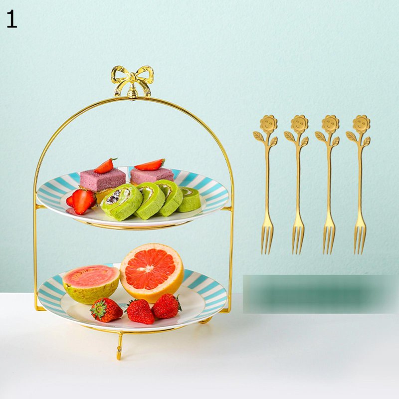 Kitchen Fancy Goods - デザートラック お菓子 2段 3段 果物 ケーキ ケーキ展示用 陶器製ケーキスタンド ケーキスタンド ヨーロッパ風 リポン ティータイム スナック表示板 お菓子皿 ボウルデザート キッチン 感謝祭 多用途 来客用