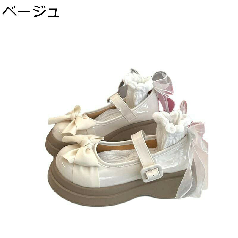 ゴスロリ 蝶結び リボン パンプス 甲ストラップ ロリータ靴 レディース メリージェーン 厚底 身長アップ かわいい プラットフォーム ラウンドトゥ シンプル ファッション 美脚 通気性