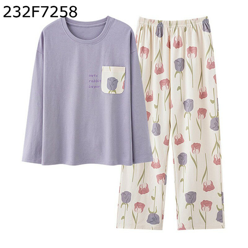 Rakuten - 綿100% ルームウェアセット レディース パジャマ 寝巻き Tシャツ 長袖 トレーナー 上下セット ラウンドネック プルオーバープル 通気 吸湿 ゆったり 便利服 敏感肌 春 夏 秋 カジュアル 可愛い 部屋着