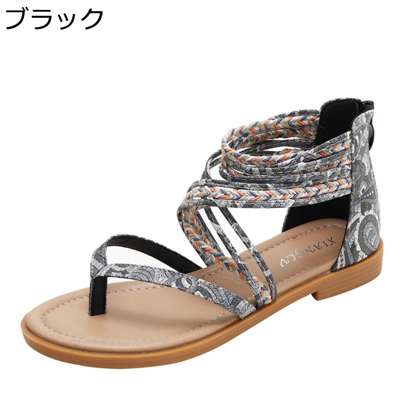 ビーチサンダル レディース フラット バックジッパー トングサンダル ボヘミアン ...