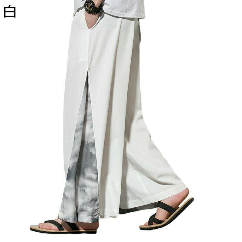ワイドパンツ サルエルパンツ メンズ 袴風パンツ ラフスタイル 鶴柄 大きい 綿麻 紐付き 和式ズボン ストレート ゆるゆる 春 夏 秋 冬 ..