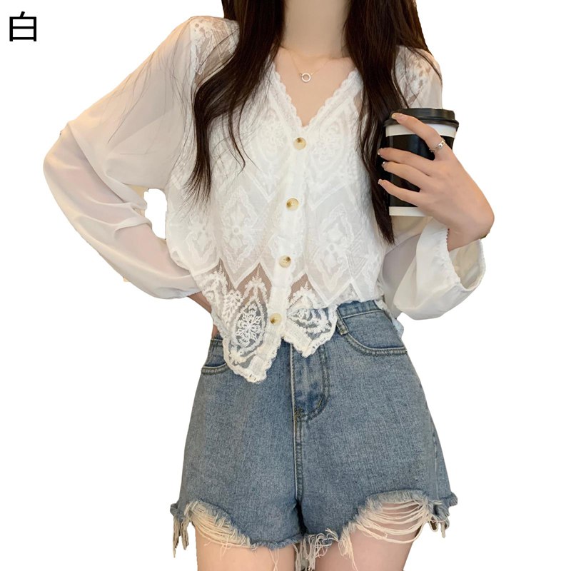 Rakuten - カーディガン ショート パフスリーブ 透かし編み 重ね着 シフォンブラウス レディース ボタン付き Vネック 春夏用 開襟 シンプル オシャレ 日焼け 冷房対策 通気性 やわらか 通学 日常