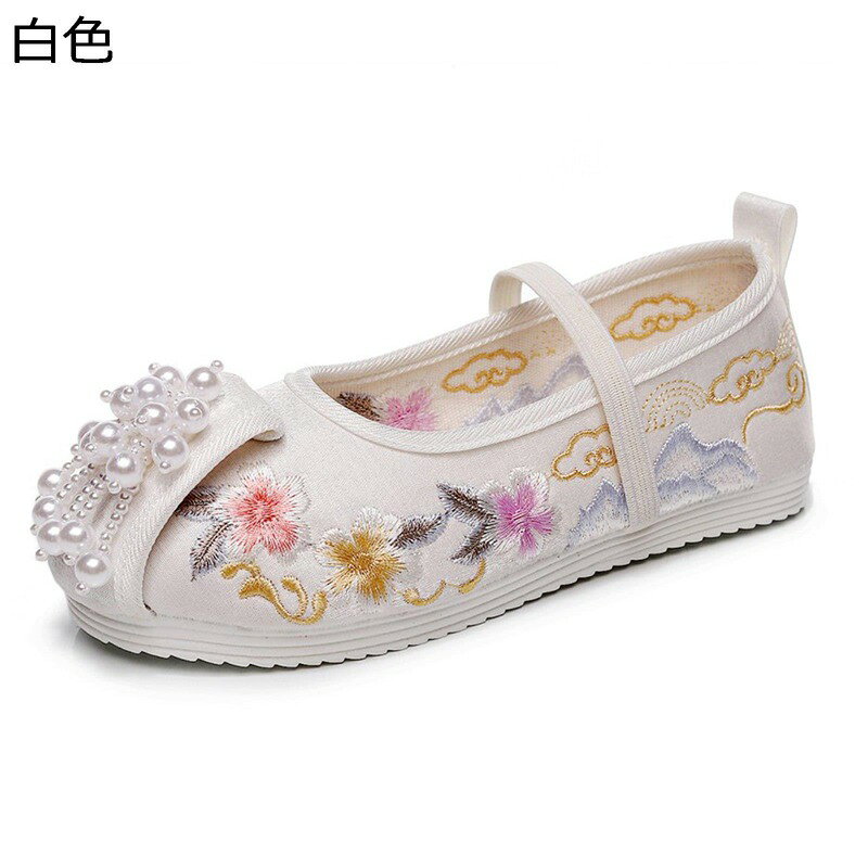 梅柄刺繍 ドレスシューズ ガールズ 子ども靴 チャイナスタイル パール キッズ靴 滑り止め 中華風 漢服靴 発表会 七五三 卒業式 通園 通学 お洒落 履き楽チン ゴムバンド 女の子 かわいい 春夏
