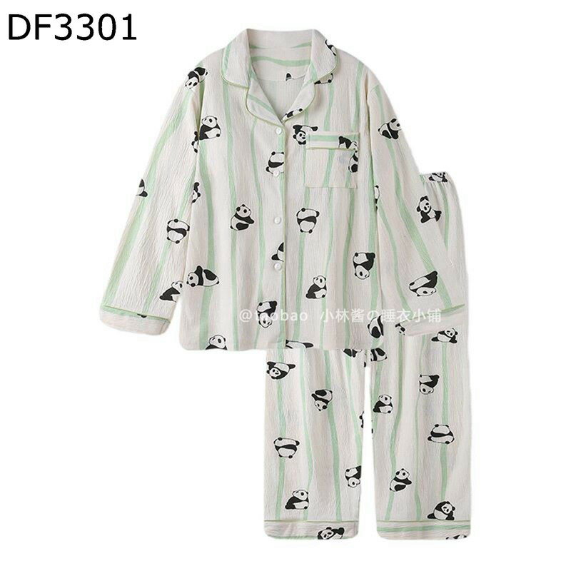 Rakuten - パジャマ レディース パンダ柄 ストライプ 可愛い ルームウェア 綿100% 便利服 2点セット 胸パッド付き 前開き 長袖 春夏秋冬 ロングパンツ ポケット付き 肌触り良い ふんわり 柔軟性 女性