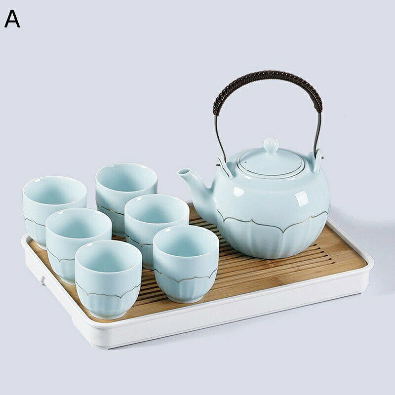 番茶器セット 急須セット 6客 茶器乾燥ティートレー 湯呑セット 大容量 青 蓮の花 金描き 日本茶 中国茶 手提げポット セラミック 茶杯 茶筒 携帯用 陶器湯呑みセット コップ 贈り物 旅行用 来客用