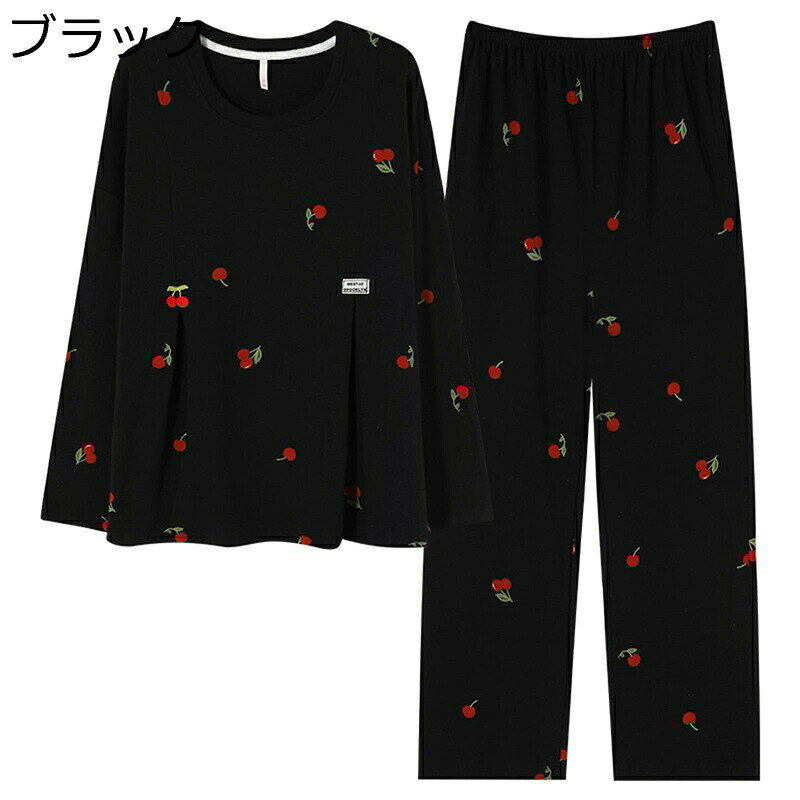 Rakuten - プルオーバープル 長袖 レディース 綿100 パジャマ ルームウェア カップ付き 便利服 ゆったり カジュアル 可愛い チェリー柄 厚手 ニット 上下セット 快適 吸汗 通気 コンフォート 家着 寝やすい