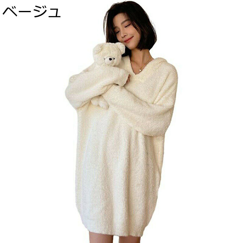 Pajamas - ワンピース 長袖 フード付き 外出着 ルームウェア ネグリジェ vネック ショット プルオーバー ニット模様 秋冬着 ルームウェア ふわふわ あったか カジュアル 保温 ファッション 簡潔 スウェット加工 トラベル