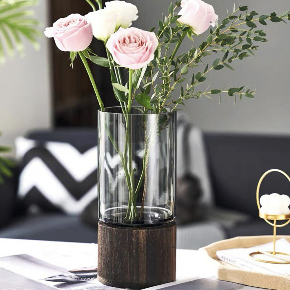 花瓶 ガラス 木製 フラワーベース 北欧 おしゃれ 花器 透明 ブラック 大きい 花びん シンプル 可愛い かわいい レト…