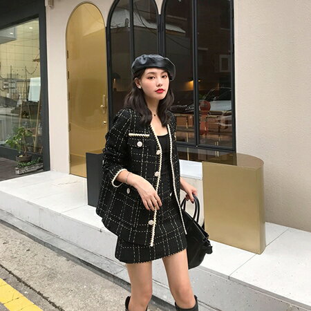 パーティードレス 結婚式 セットアップ スカートセット ワンピース 韓国 ファッション レディース 秋 冬 カジュアル お取り寄せ PTXL851 オルチャン コーデ シンプル 定番 セレカジ 20代 30代 40代 2024 ツイード風 バイカラー ライン マイクロミニ