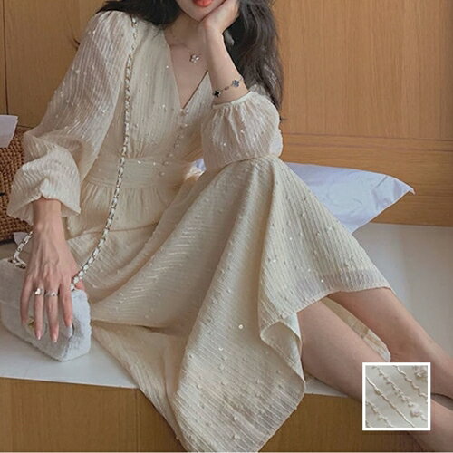 楽天韓国 ワンピ ドレス kilakilastyleワンピース カジュアル ロング マキシ丈ワンピ 韓国 ファッション レディース 秋 冬 カジュアル お取り寄せ PTXM434 オルチャン コーデ シンプル 定番 セレカジ 20代 30代 40代 2024 深Vネック シアー パフスリーブ パールボタン