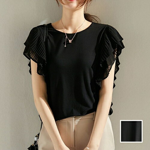 Tシャツ カットソー 韓国 ファッション レディース 春 夏 カジュアル お取り寄せ PTXM780 オルチャン コーデ シンプル 定番 セレカジ 20代 30代 40代 2024 シアー プリーツ プルオーバー フェミニン