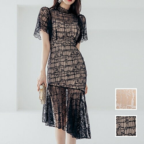 パーティードレス 結婚式 ワンピース ミディアム ひざ丈 オケージョン ドレス 韓国 ファッション レディース 春 夏 ブライダル お取り寄せ PTXM924 お呼ばれ コーデ 成人式 二次会 同窓会 送料無料 20代 30代 40代 50代 2024 アシンメトリー 総レース マーメイド フレア袖