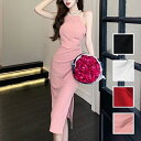 パーティードレス 結婚式 ワンピース ミディアム ひざ丈 オケージョン ドレス 韓国 ファッション レディース 春 夏 ブライダル お取り寄せ PTXN723 お呼ばれ コーデ 成人式 二次会 同窓会 送料無料 20代 30代 40代 50代 2024 ドレープ パール風 ホルター サイドスリット