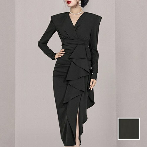 パーティードレス 結婚式 ワンピース ロング マキシ丈 オケージョン イブニング ドレス 韓国 ファッション レディース 春 秋 冬 ブライダル お取り寄せ PTXP281 お呼ばれ コーデ 成人式 二次会 同窓会 送料無料 20代 30代 40代 50代 2024 アシンメトリー ラッフル ドレープ