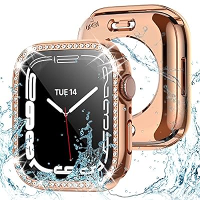 アップルウォッチ 保護 カバー 44mm 薄型 防水 強化ガラス Apple Watch 一体型 二重構造 ケース Series 6 5 4 SE クリスタルダイヤ付き レディース iWatch ケース PC環保素材 (ローズゴールド 44mm)