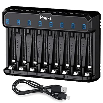 POWXS 急速電池充電器 1.2V ニッケル水素電池/1.5V リチウム電池 単3形 単4形に対応 8スロットで8本同時独立充電可能 LED充電表示 Type-C入力 USB出力機能付き 単三/単四電池 充電器