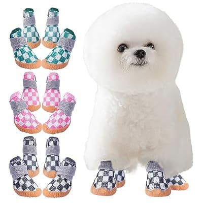 PET 小型犬 中型犬 犬靴 犬用シューズ ペットブーツ ドッグウェア メッシュ ひんやり 軽い 脱げない 肉球保護 滑り止め 汚れ防止 通気性 マジックテープ お出かけ お散歩 4個セット（（チェック）ブラック 4#）