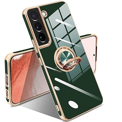 Galaxy S22 ケース リング 耐衝撃 SC-51C SCG13 カバー リング付き 携帯カバー TPU 軽量 スタンド機能 車載ホルダー対応 360°回転 指紋防止(ダークグリーン)