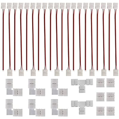 GTIWUNG LEDテープ 延長用 ワンタッチコネクタ 2ピン 8mm 3528 2835 SMD 単色用 半田付け不要LEDストリップ接続変換器コネクタ（20個) LEDテープ装飾直角スナップコネクタ（6個） 2ピンLEDテープライトLタイプコネ