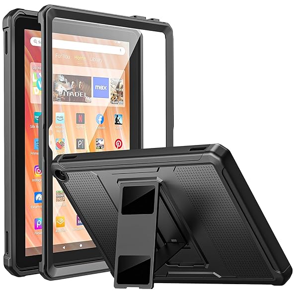 Fire HD 10 2023 ケース Fire HD 10 第13世代 2023 バックケース スクリーンフィルム付き 全面多重保護ケース 軽量 薄型 傷防止 スタンド機能 落下防止 衝撃吸収 PC+TPU素材 Black