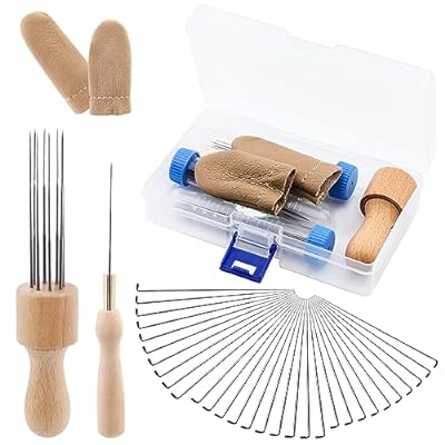 ニードル フェルト ツール、ニードル フェルト用品、ニードル フェルト キット 3 サイズ 30 本の針付き フェルトニードル、木製ハンドル、指サック、DIY フェルト ウール プロジェクトに最適