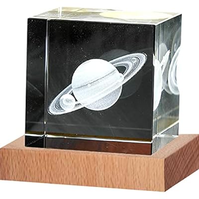 クリスタルガラス 文鎮 ベッドライト 装飾 USB プレゼント 置物 3D彫刻 ベース付 テーブルランプ デスク ランプ台座（土星・ベース）