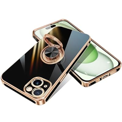 iPhone15 用 ケース リング付き アイフォン15 カバー スマホケース リング 耐衝撃 携帯カバー 薄型 TPU シリコン スタンド機能付き 360回転車載ホルダー(ブラック)