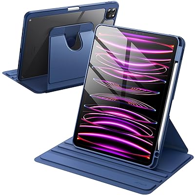 JEDirect 回転ケース iPad Pro 11インチ用 2022/2021(第4/3世代) Pencilホルダー付き 360°回転保護 スタンドカバー クリアバック 自動ウェイク/スリープ (紺)