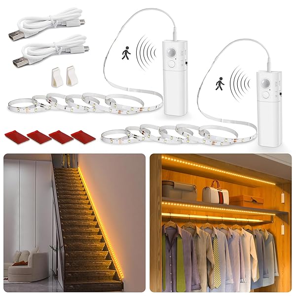 人感センサーライト 室内 充電式 テープライト 4m 工事不要 設置簡単 明暗センサー 2Mx2本セット 室内..